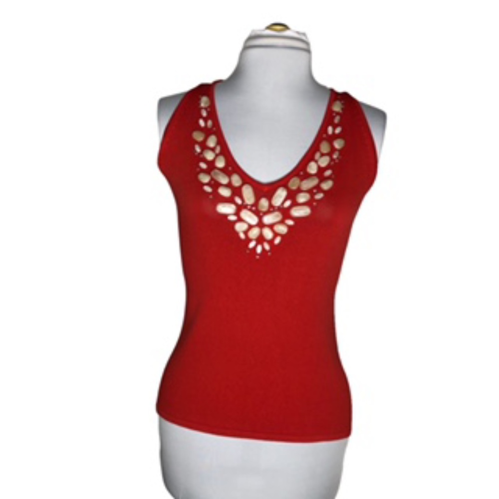 Josephine A. Large Flat Beads V-Neck Coral Sleeveless Tank Top Size L